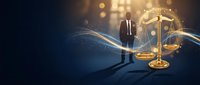 Professional businessman silhouette standing beside golden scales of justice with glowing bokeh lights and flowing energy waves on dark background.