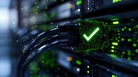 Glowing green checkmark symbol on digital network hardware with cables and bokeh lights, representing successful connection and data security status.