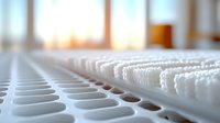 Rows of white pharmaceutical capsules on automated production line machinery, soft focus manufacturing process with warm backlighting through windows.