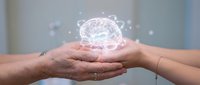 Hands protecting glowing brain hologram symbolizing mental health care, neurology research, and cognitive wellness in healthcare technology concept.