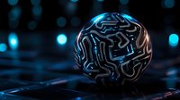 Glowing sphere with intricate maze-like patterns on dark background with blue bokeh lights, futuristic technological concept for artificial intelligence design.