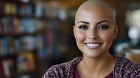 Confident bald woman with radiant smile wearing burgundy sweater against blurred library background shows strength and resilience during cancer recovery journey.