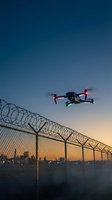 Drone flying over security fence with barbed wire at sunset for surveillance and monitoring operations in restricted area.