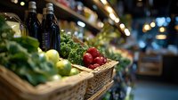 Fresh organic produce and wine bottles displayed in woven baskets at local market, with soft bokeh lighting creating warm ambiance. Focus on vegetables and dark bottles.