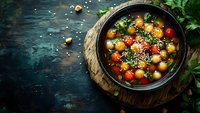 Colorful vegetable soup with cherry tomatoes, herbs and sesame seeds in rustic bowl on dark wooden background for healthy cooking and nutrition concepts.