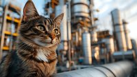 Curious tabby cat with white chest near industrial pipeline and refinery towers at sunset. Close up portrait shows alert expression and fluffy fur against blurred background.