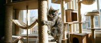 Fluffy tabby cat climbing on multi-level wooden cat tree with scratching posts, platforms and hideaways near bright window. Pet furniture for indoor cats.