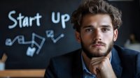 Young confident Caucasian businessman with beard thinking about startup strategy in modern office with chalkboard background for business presentations.