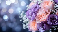 Pink and purple roses with baby's breath against blurred bokeh background in soft dreamy light, romantic floral arrangement for weddings and celebrations.