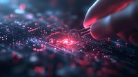 Glowing red circuit board with finger touching electronic component, futuristic technology concept with bokeh light effects and digital connections.
