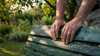 Close-up of mature man's hands resting on weathered wooden garden bench in sunny backyard setting with natural bokeh background for relaxation concepts.