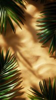 Palm leaves casting shadows on golden sand background with dramatic lighting, creating tropical summer mood for wellness, spa and beauty marketing.
