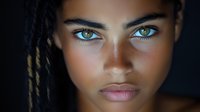 Young woman with dark skin tone, striking turquoise eyes, and braided black hair gazes directly at camera against dark background. Portrait suitable for beauty, cosmetics, and lifestyle marketing.