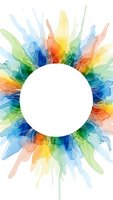 Vibrant watercolor splash burst with white circle frame in rainbow colors for creative design projects and artistic backgrounds.