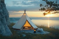 Glowing teepee tent at sunset by ocean, warm light inside, lantern and camping setup on cliff edge with dramatic sky and golden sun reflection on water.