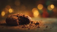 Freshly baked chocolate cookie with crumbs on wooden surface against warm bokeh background, creating cozy atmosphere for food photography.