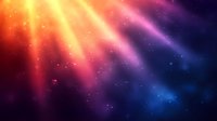 Vibrant cosmic background with glowing orange sunbeams fading into purple and deep blue galaxy space, decorated with sparkling stars and colorful nebula effects.