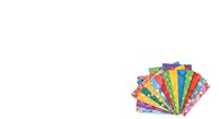 Colorful fan-shaped stack of patterned papers isolated on white background, ready for craft projects, scrapbooking, and design applications.