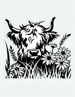 Black silhouette of Highland cow head among wildflowers and grass, artistic monochrome design on white background, ready for cutting and printing projects.