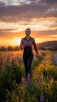 Woman jogging through wildflower field at sunset, wearing athletic gear. Caucasian female runner exercising outdoors in nature with golden hour lighting and blooming flowers surrounding her during evening workout.