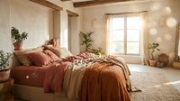 Cozy bedroom with warm terracotta and rust bedding, wooden beams, potted plants, and natural light from large windows, perfect for home decor and interior design projects.