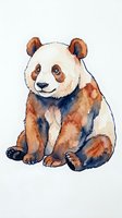 Watercolor illustration of a young giant panda with brown and cream coloring, sitting upright against a white background. Isolated artwork suitable for children's books, nursery decor, and apparel design.