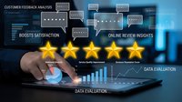 Business professional analyzing customer feedback data with five golden stars rating system and digital analytics dashboard interface.
