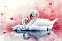 Graceful white swans in romantic embrace on misty lake with floating hearts, soft pink watercolor background creates dreamy atmosphere for valentines designs.