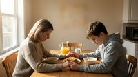 Young couple enjoying breakfast together at wooden table in bright modern kitchen with natural sunlight streaming through window creating warm atmosphere.