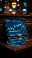Digital tablet displaying financial trading charts and market data on wooden table with blurred city lights background for investment analysis.