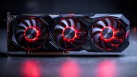 High-performance gaming graphics card with three cooling fans illuminated by red LED lights against dark background.