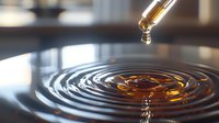 Amber liquid drop falling from dropper creating concentric ripples on smooth surface with dramatic lighting and reflections in macro photography.