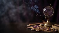 Mystical fortune telling setup with crystal ball, tarot cards and incense smoke creating atmospheric divination scene for spiritual guidance sessions.
