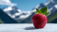 Fresh ripe strawberry with green leaves on white surface against blurred mountain landscape background. Natural organic fruit for healthy eating concepts.