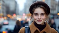 Young woman in beret and brown coat smiling on city street with blurred urban background and bokeh lights during evening hours, natural lifestyle portrait.