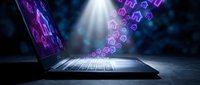 Modern laptop computer with glowing purple digital data stream and security lock icons floating above keyboard in dramatic lighting for cybersecurity concepts.