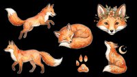 Watercolor fox collection featuring jumping, sitting, and resting poses with floral crown detail. Isolated on transparent background, ready for t-shirts, stickers, clipart, sublimation, and print-on-demand designs.