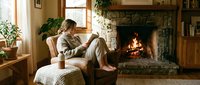 Middle-aged Caucasian man relaxing in cozy armchair by stone fireplace reading book in warm rustic living room with wooden beams and houseplants.