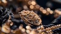 Ornate vintage gold ring with intricate filigree details and gemstone setting captured in macro photography against blurred bokeh background, showcasing luxury jewelry craftsmanship.