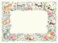 Cute kittens and roses decorative border frame with floral elements, paw prints, and sleeping cats, isolated on white background for cards and stationery.