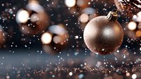 Bronze Christmas ball ornament with glitter sparkles and bokeh lights on dark background, festive holiday decoration with soft focus effect and copy space.