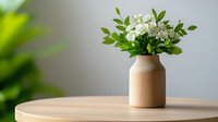 White flowers in modern ceramic vase on wooden table with green plants in background for home decor and interior design styling.