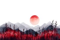 Mystical mountain landscape with red sun and silhouettes of wild grass against misty peaks in watercolor style, creating moody atmospheric scene.