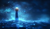 Mystical lighthouse glowing in dark blue night with magical sparkles and luminous sea waves creating ethereal maritime atmosphere. For fantasy book covers.