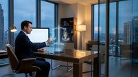 Professional businessman working late in modern office with city skyline view, reviewing documents at executive desk during evening hours.