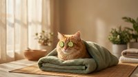 Orange tabby cat with cucumber slices on eyes relaxing on folded green towel in sunny spa-like bathroom setting with natural lighting and plants.