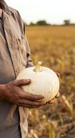 Farmer holding white pumpkin in field during harvest season. Male agricultural worker in casual shirt displaying fresh produce with golden crop field background.