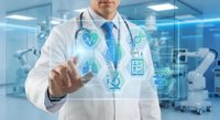 Male doctor in white coat touching digital medical icons in modern hospital setting with holographic healthcare technology interface.