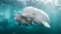 Beluga whale mother and calf swimming together in arctic waters with sunlight rays penetrating through turquoise ocean surface creating magical underwater scene.
