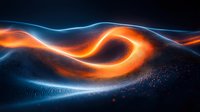 Glowing orange and blue waves create dynamic abstract landscape with luminous flowing lines against dark background, futuristic energy visualization pattern.